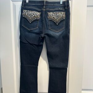 Miss Me Dark Blue Boot Cut Jeans with Embellished Pockets